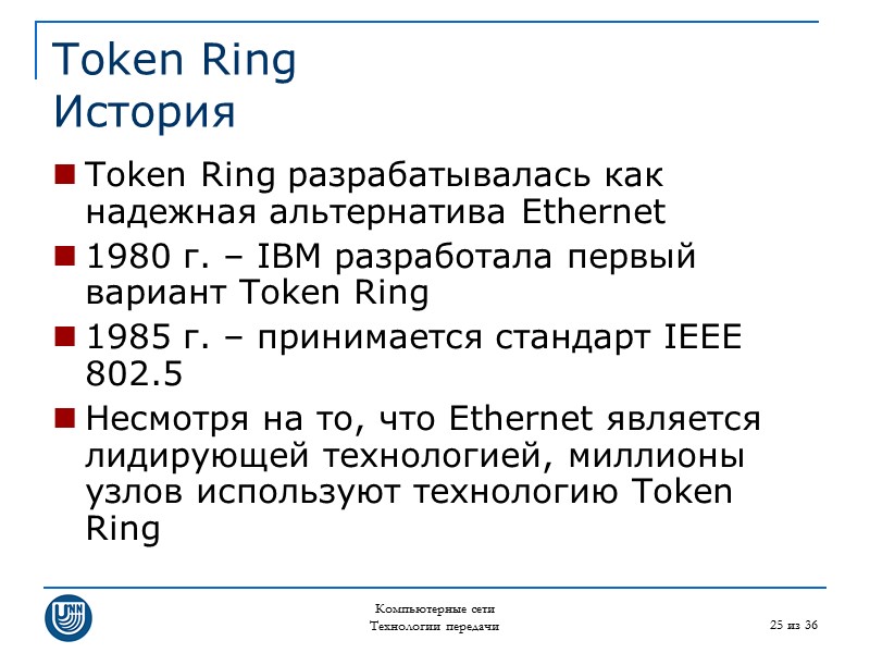 Компьютерные сети Технологии передачи 25 из 36 Token Ring История Token Ring разрабатывалась как